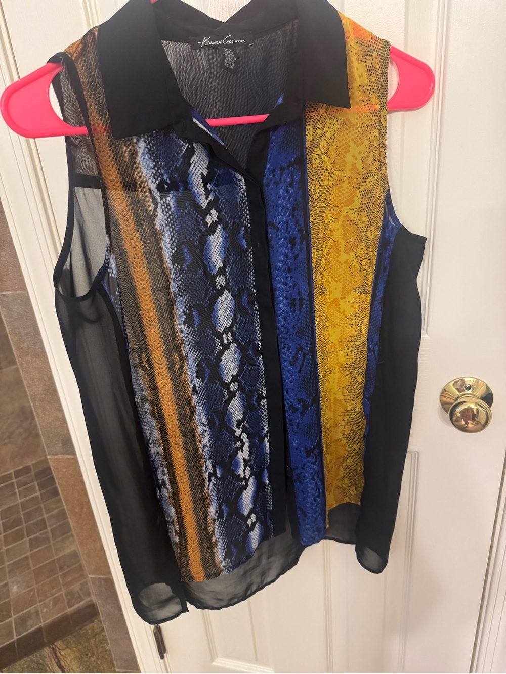 Kenneth Cole Sleeveless Snake-Print Button Front Blouse - Blue/Yellow/Black